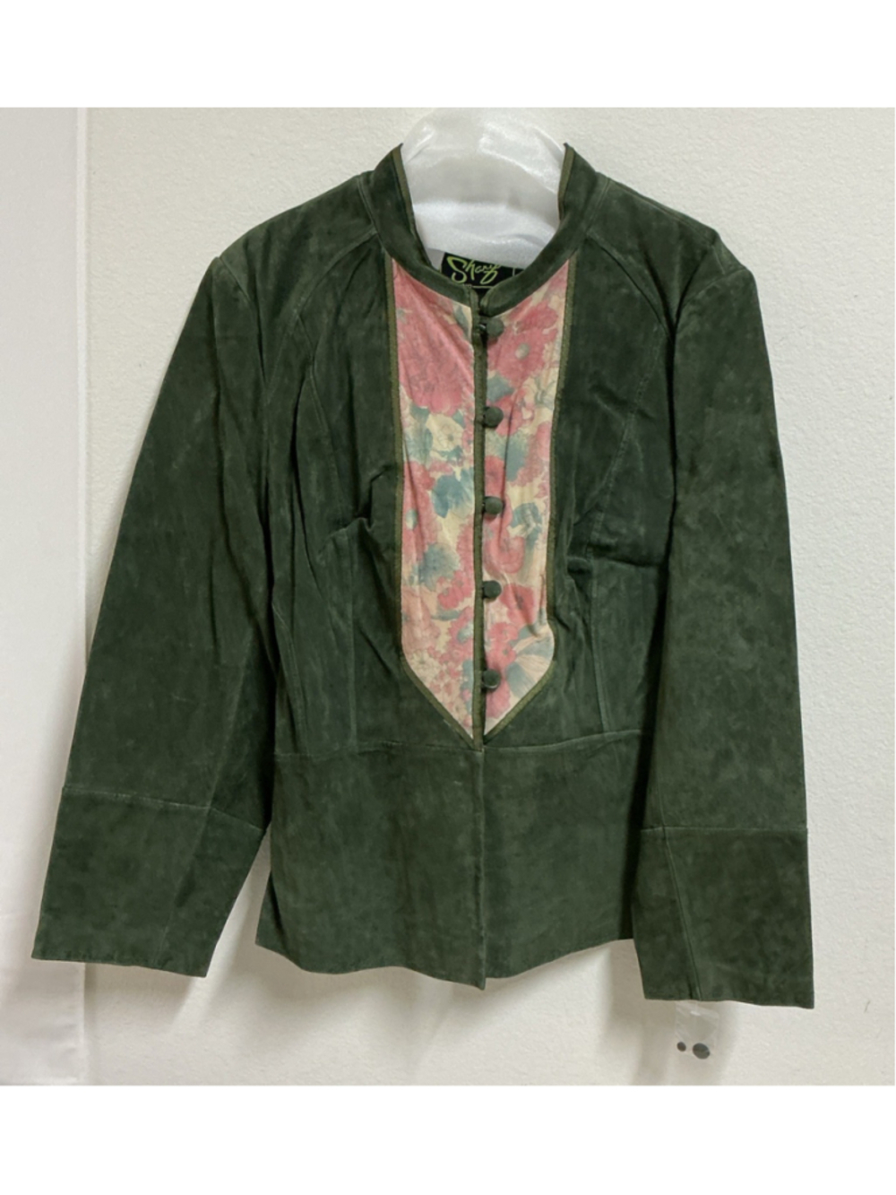 VTG Sharif Studio Suede Leather Jacket Womens 1X Plus Green Pink Floral Shacket.